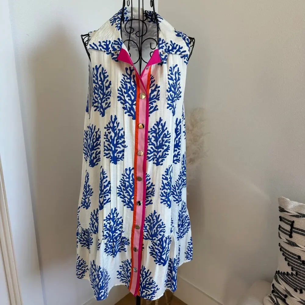 THML White Blue Coral Print Sleeveless Pleated Buttom Mini Dress Pink Trim NWT-M - Picture 5 of 10